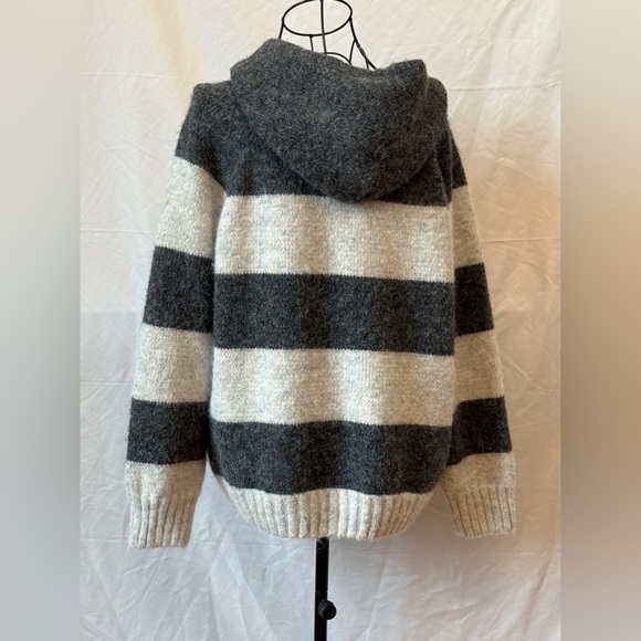 234 - Cozy Striped Gray and Cream Women's Hoodie Sweater - Picture 3 of 3